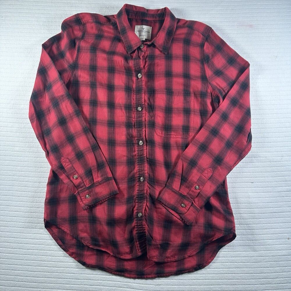 American Eagle Women’s Medium Red Black Plaid Flannel Button Front Shirt